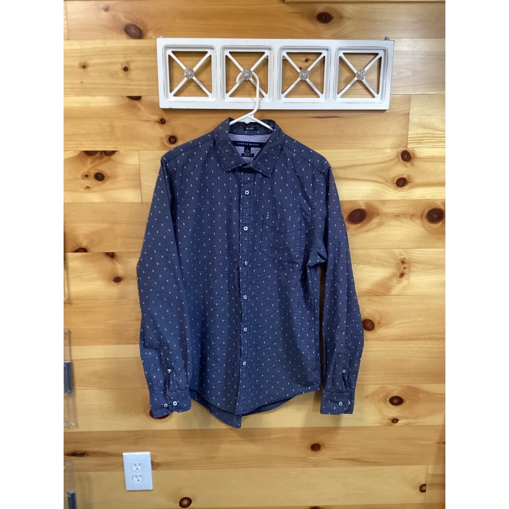 Tommy Hilfiger Mens Custom Fit Button Down Shirt Navy Blue Cotton Size M